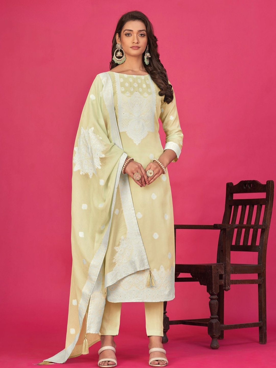 

Odette Beige Organza Floral Embroidered Semi-Stitched Dress Material