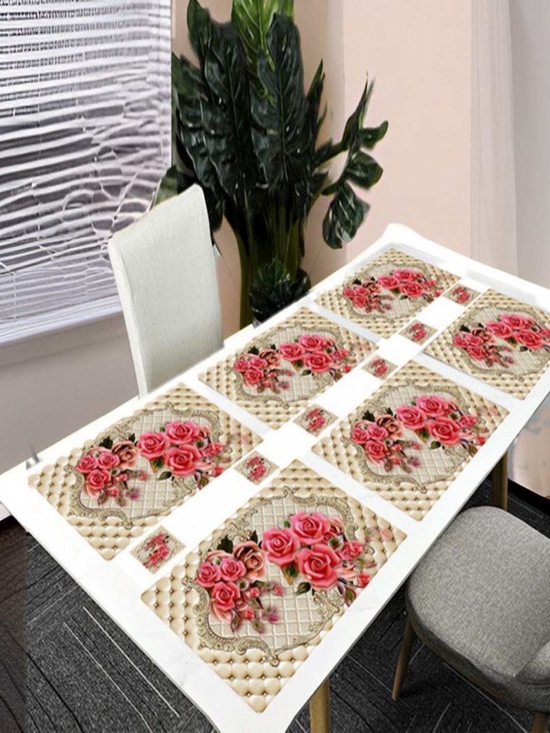 

REVEXO Beige & Pink 12 Pcs Floral Printed Rectangular Shaped Coasters & Table Placemats