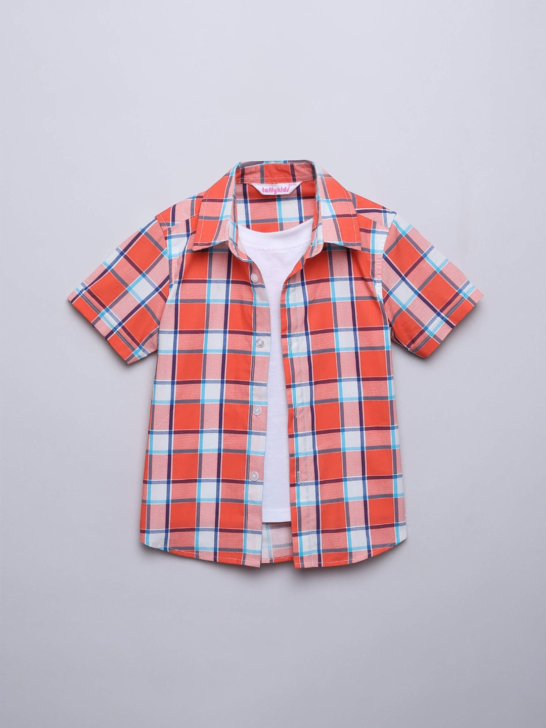 

taffykids Boys Relaxed Fit Spread Collar Checked Cotton Casual Shirt, Orange