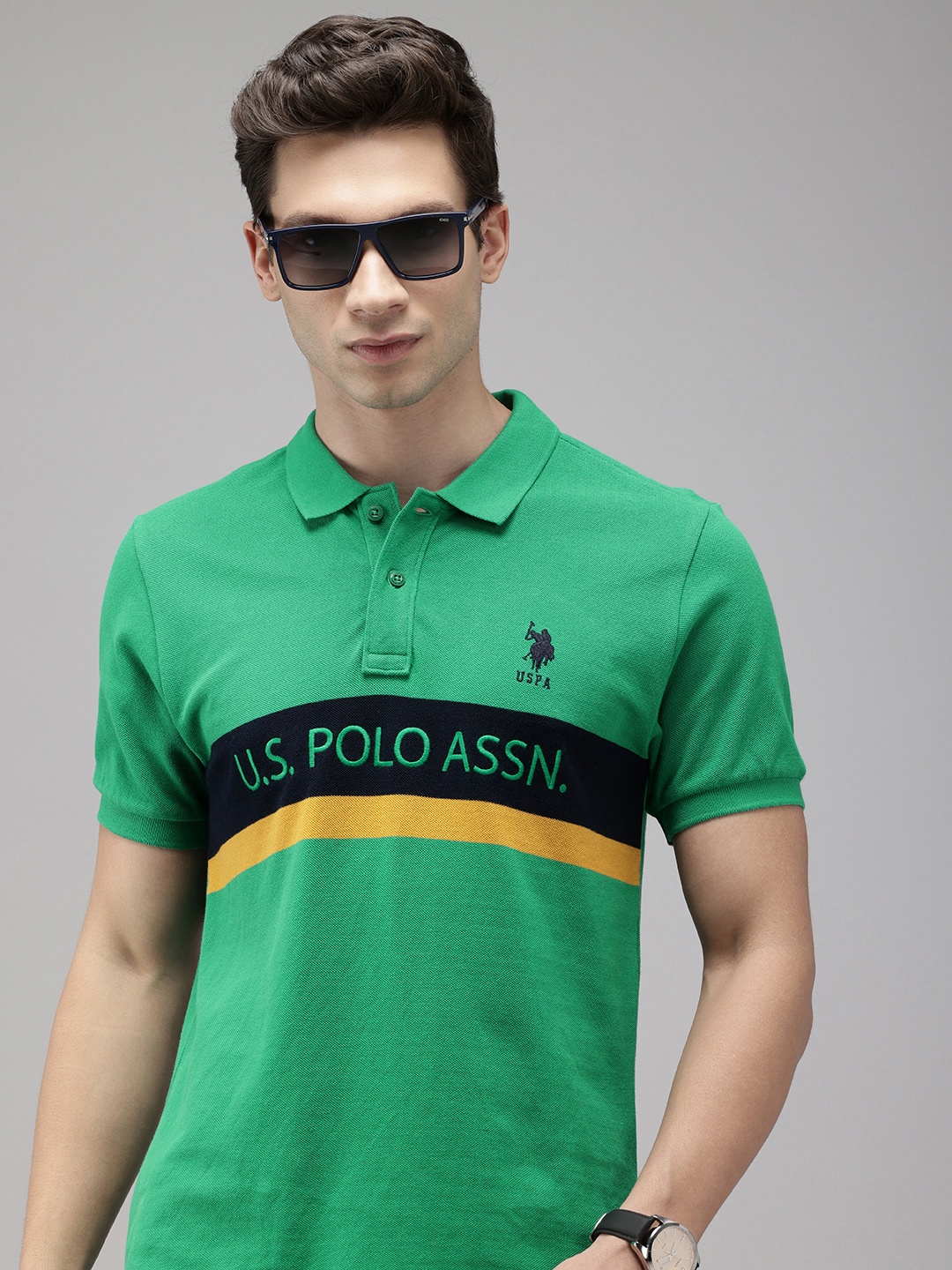 

U.S. Polo Assn. Striped Brand Logo Embroidered Polo Collar Pure Cotton Slim Fit T-shirt, Green