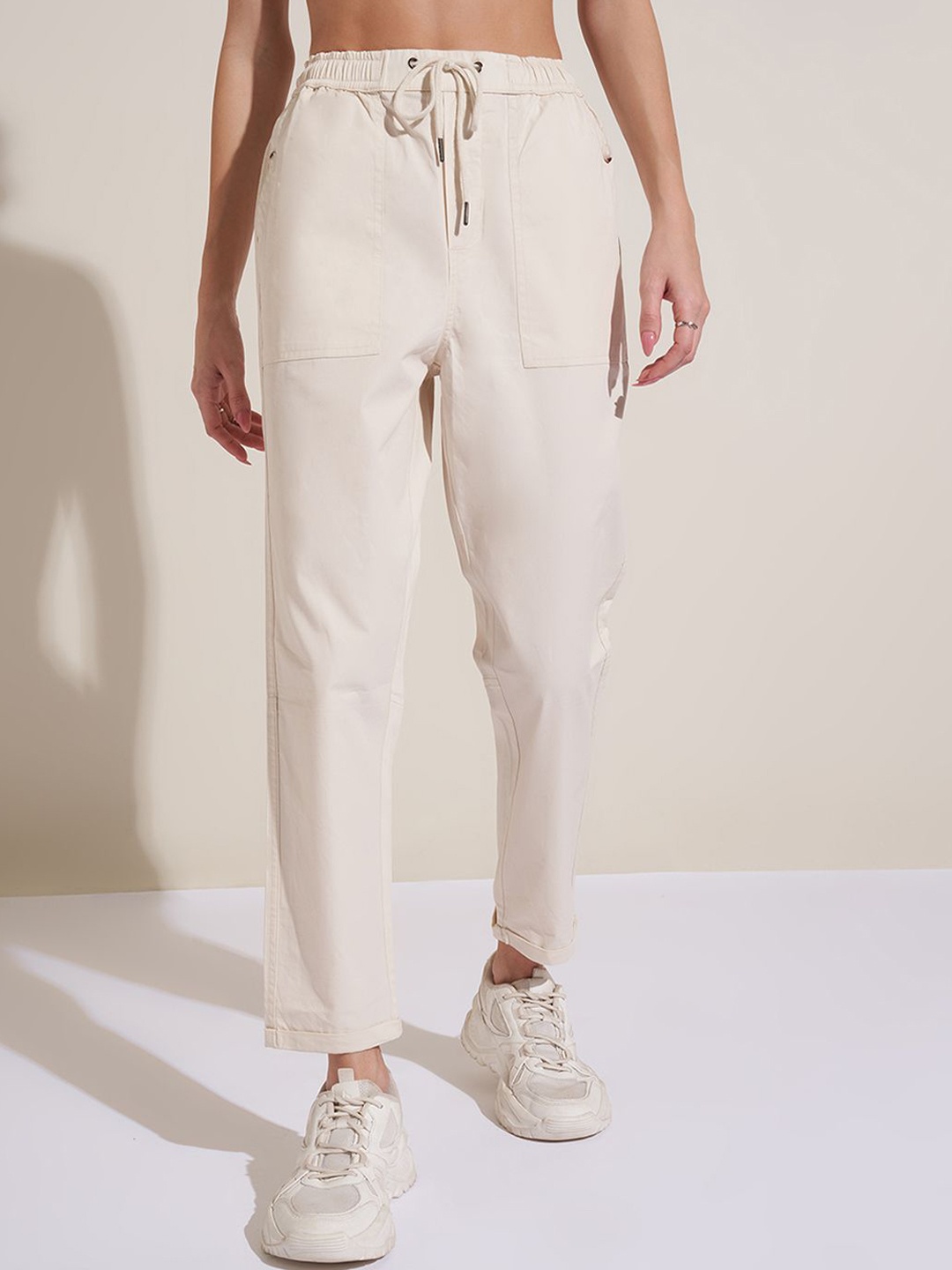 

Honey by Pantaloons Women High Rise Pure Cotton Trousers, Off white