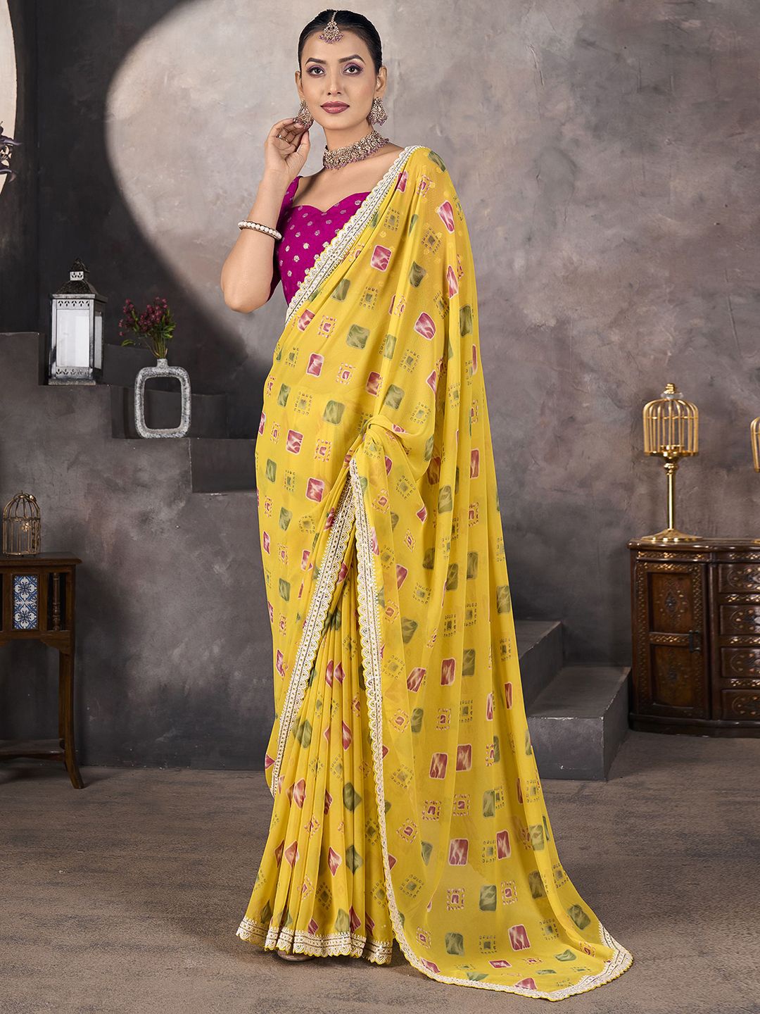 

Satrani Bandhani Printed Embroidered Pure Georgette Bandhani Saree, Yellow