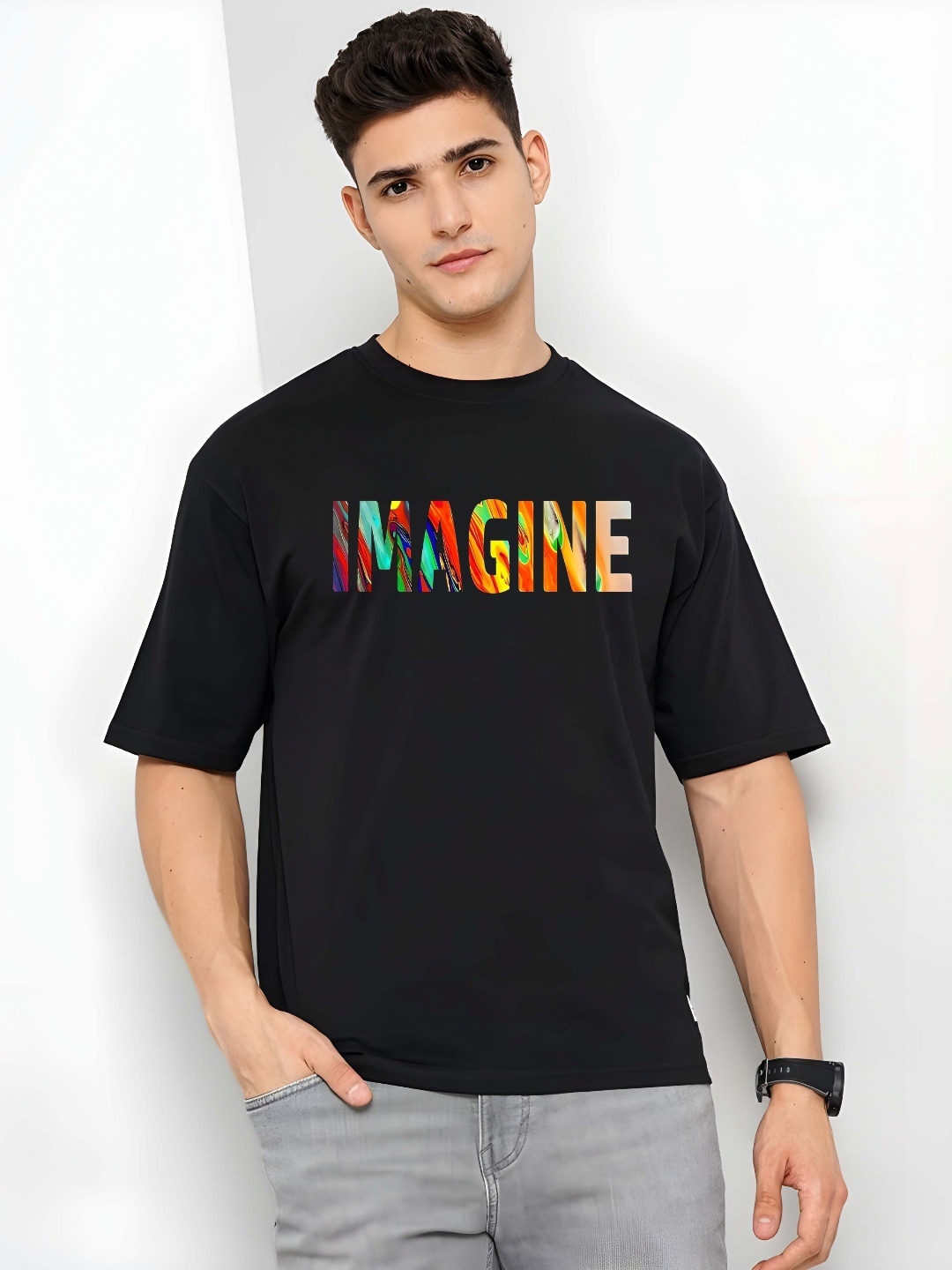 

SZN Men Typography Printed Round Neck Cotton Oversized T-shirt, Black