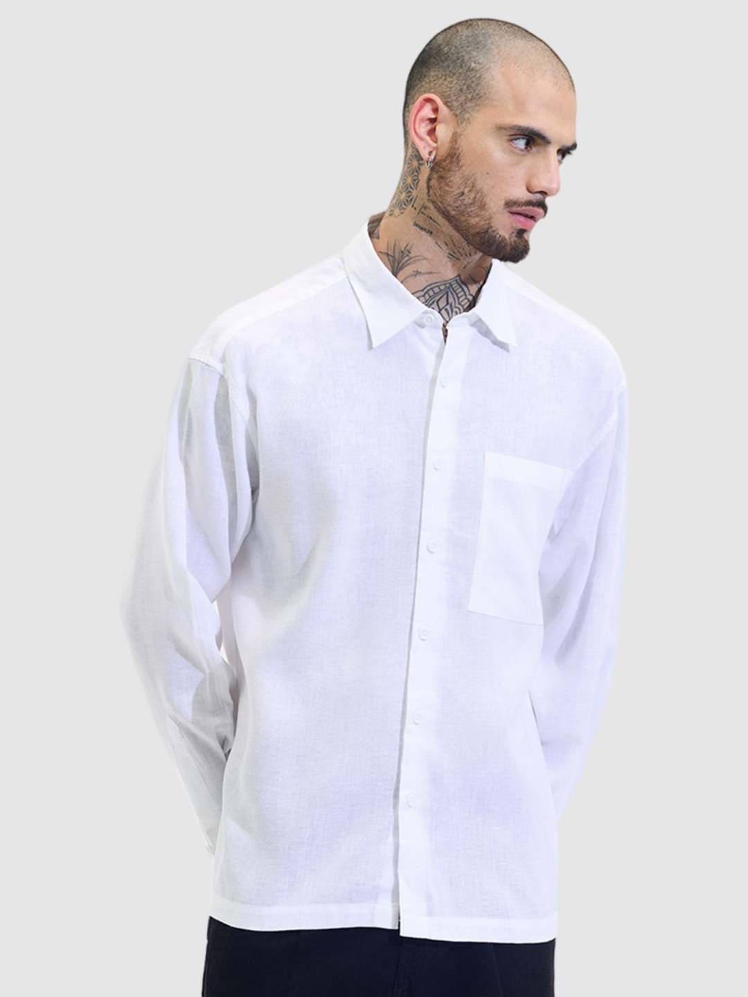 

Snitch Men Relaxed Fit Spread Collar Solid Linen Casual Shirt, White