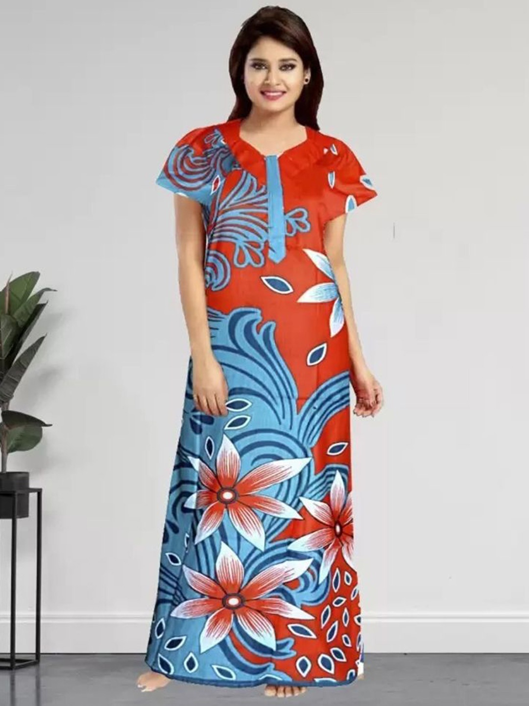 

PR PINK ROYAL Women Printed Pure Cotton Maxi Nightdress, Orange