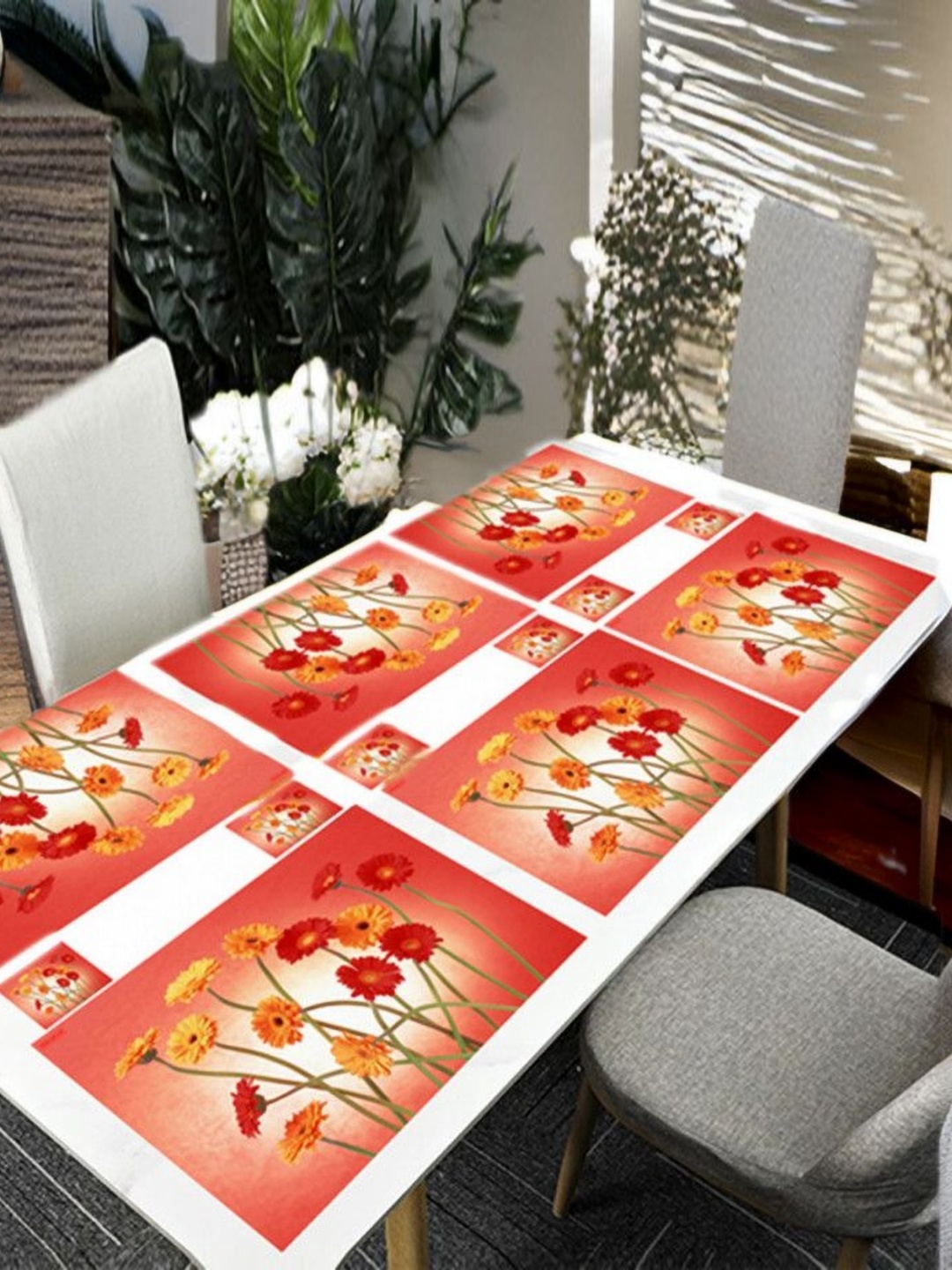 

REVEXO Red & Orange 12 Pieces Floral Printed Rectangular Shaped Coasters & Table Placemats