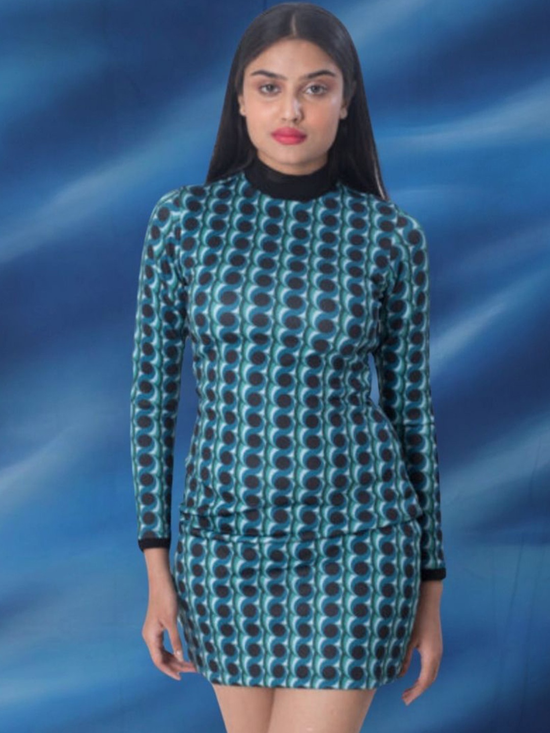

SEREIN Printed Long Sleeve Bodycon Mini Dress, Blue