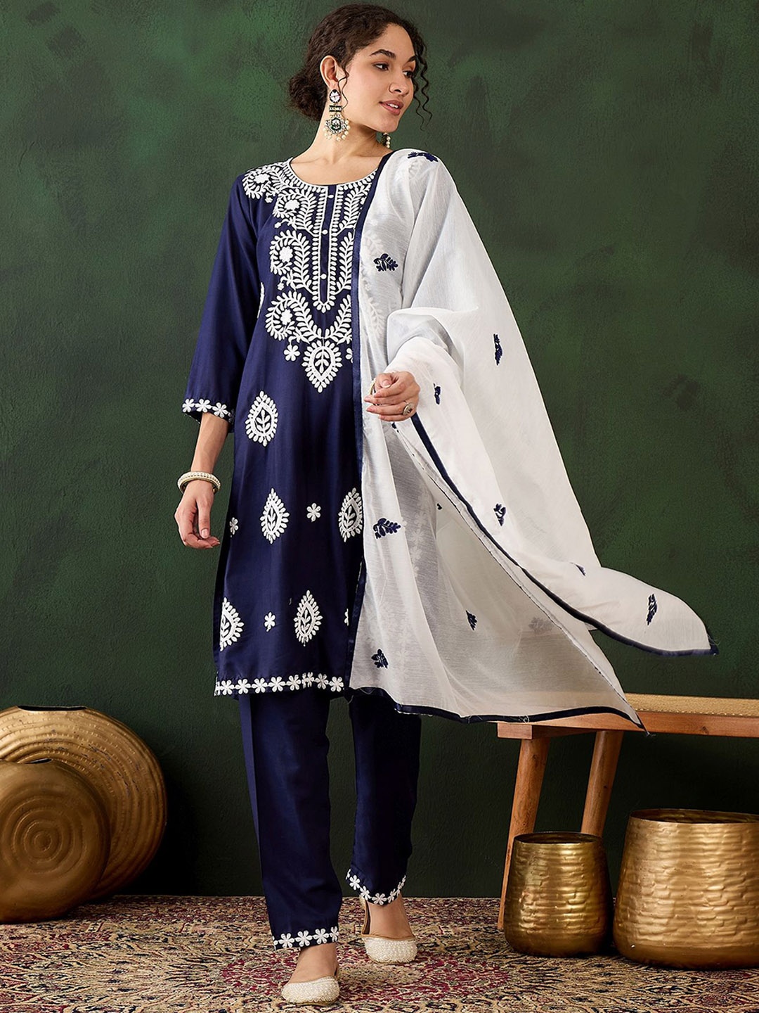 

HERE&NOW Navy Blue Floral Embroidered Straight Kurta With Trousers & Dupatta