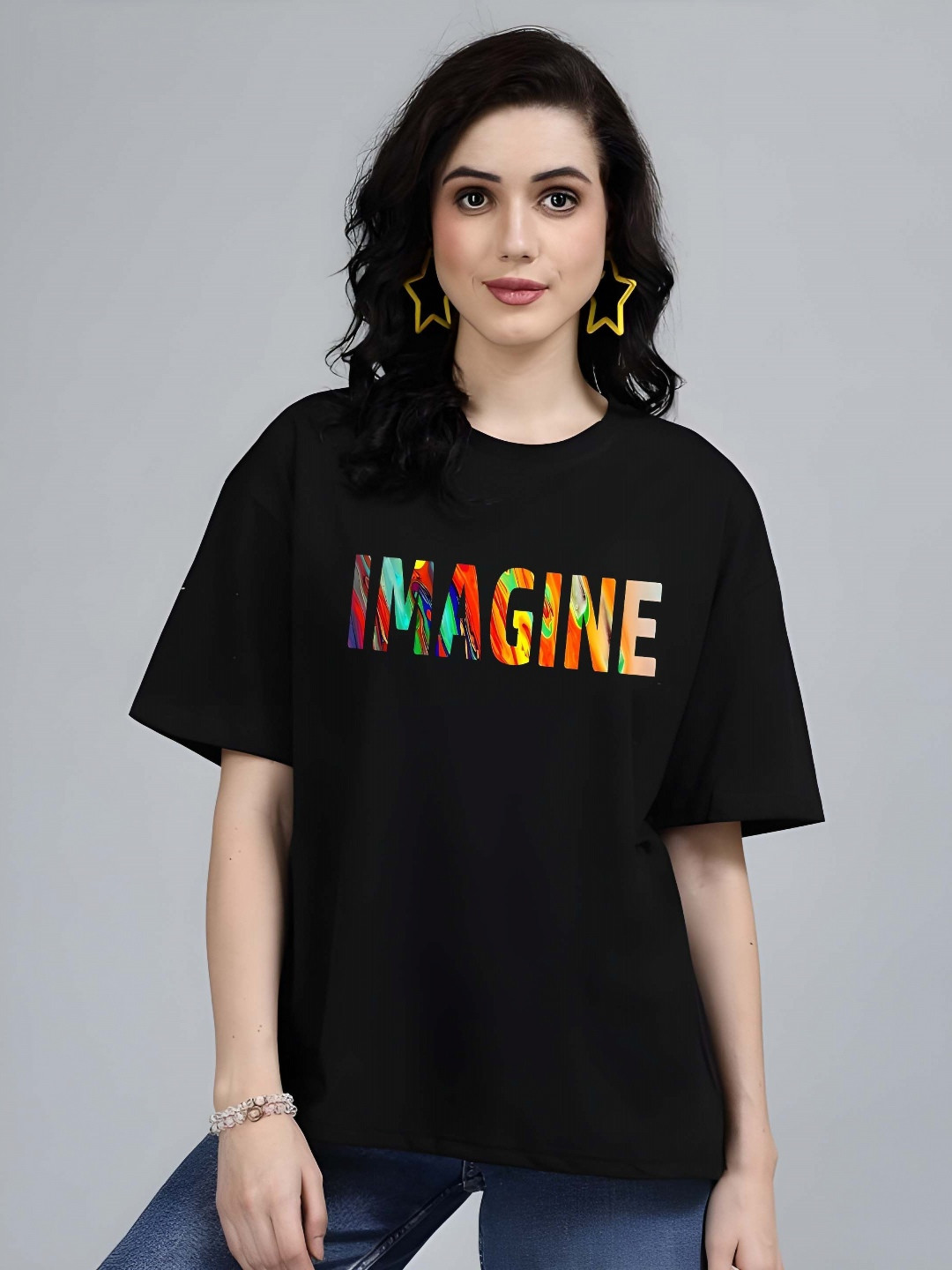 

SZN Women Typography Printed Round Neck Cotton Oversized T-shirt, Black