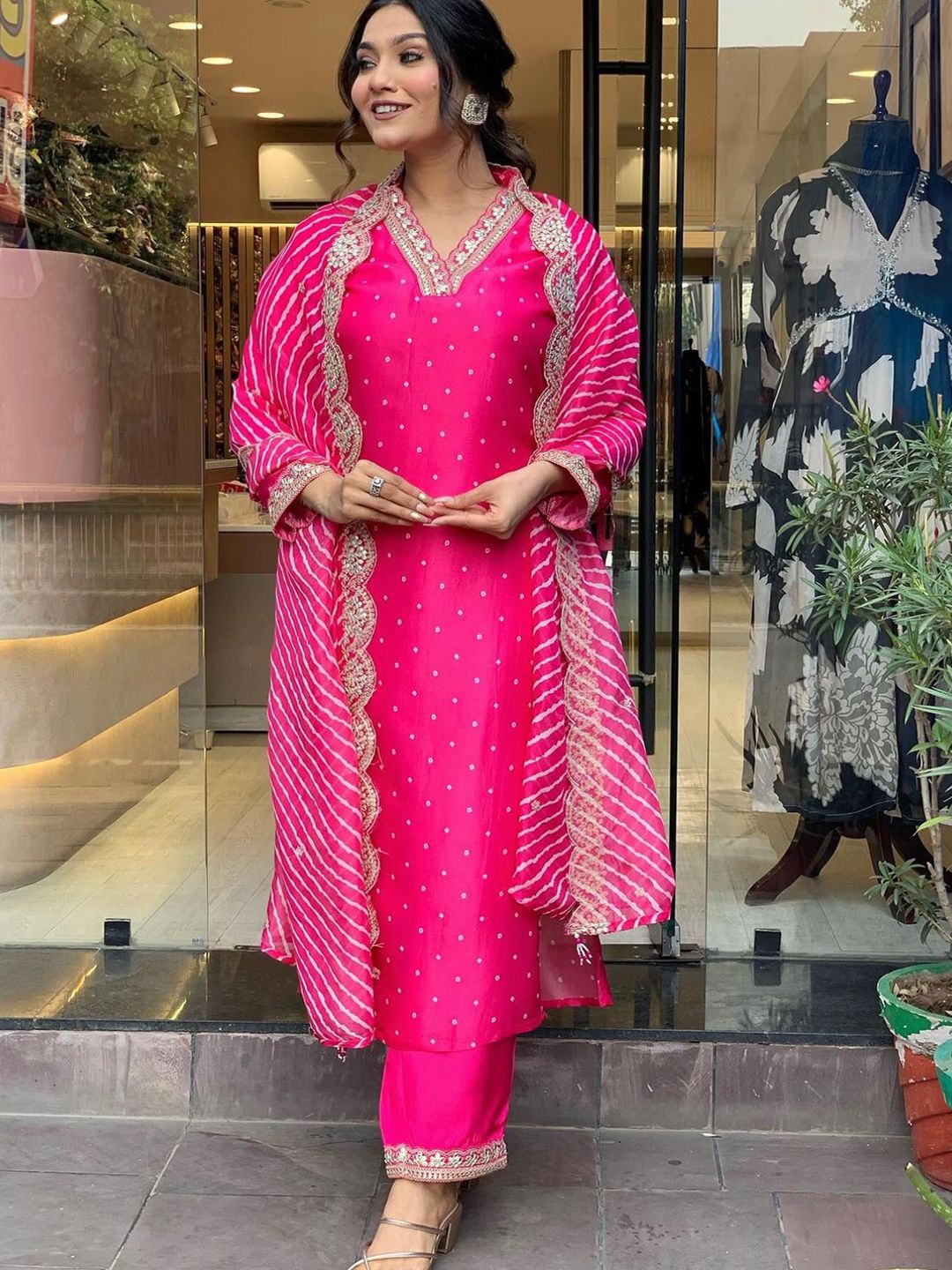 

Kurti Culture Floral Embroidered V-Neck Kurta With Trousers And Dupatta, Pink