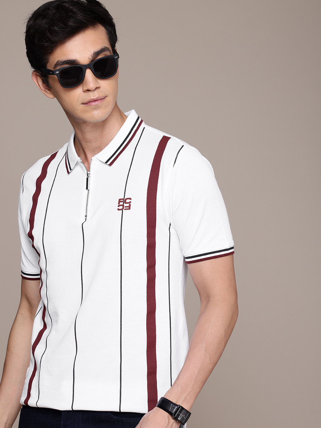 

French Connection Striped Polo Collar Pure Cotton T-shirt, White