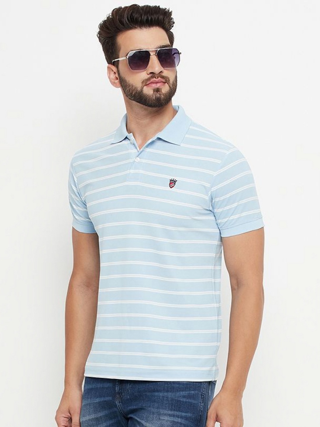 

RELANE Men Striped Polo Collar Cotton T-shirt, Turquoise blue