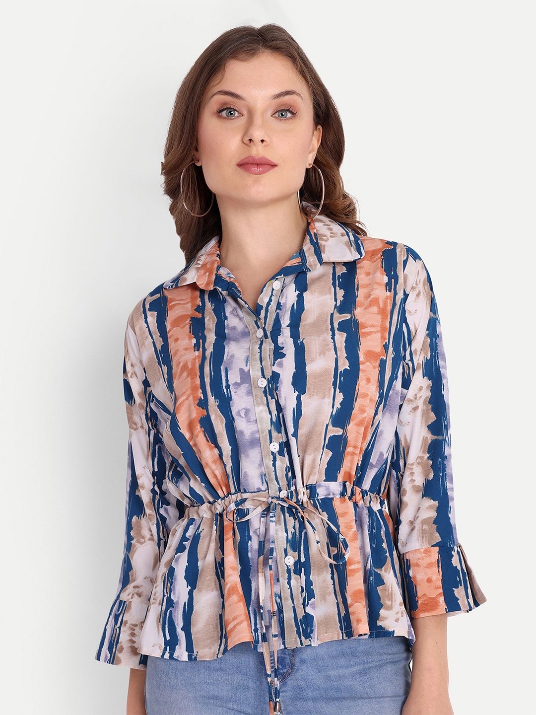 

FNOCKS Women Tie and Dye Bell Sleeve Shirt Style Top, Orange
