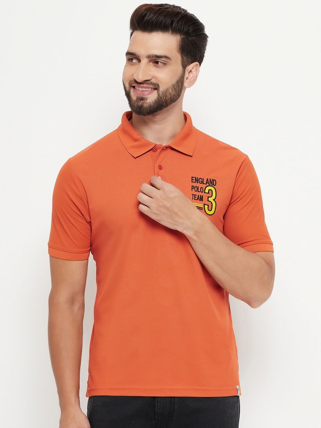 

RENUOVO Men Typography Printed Polo Collar Cotton T-shirt, Rust