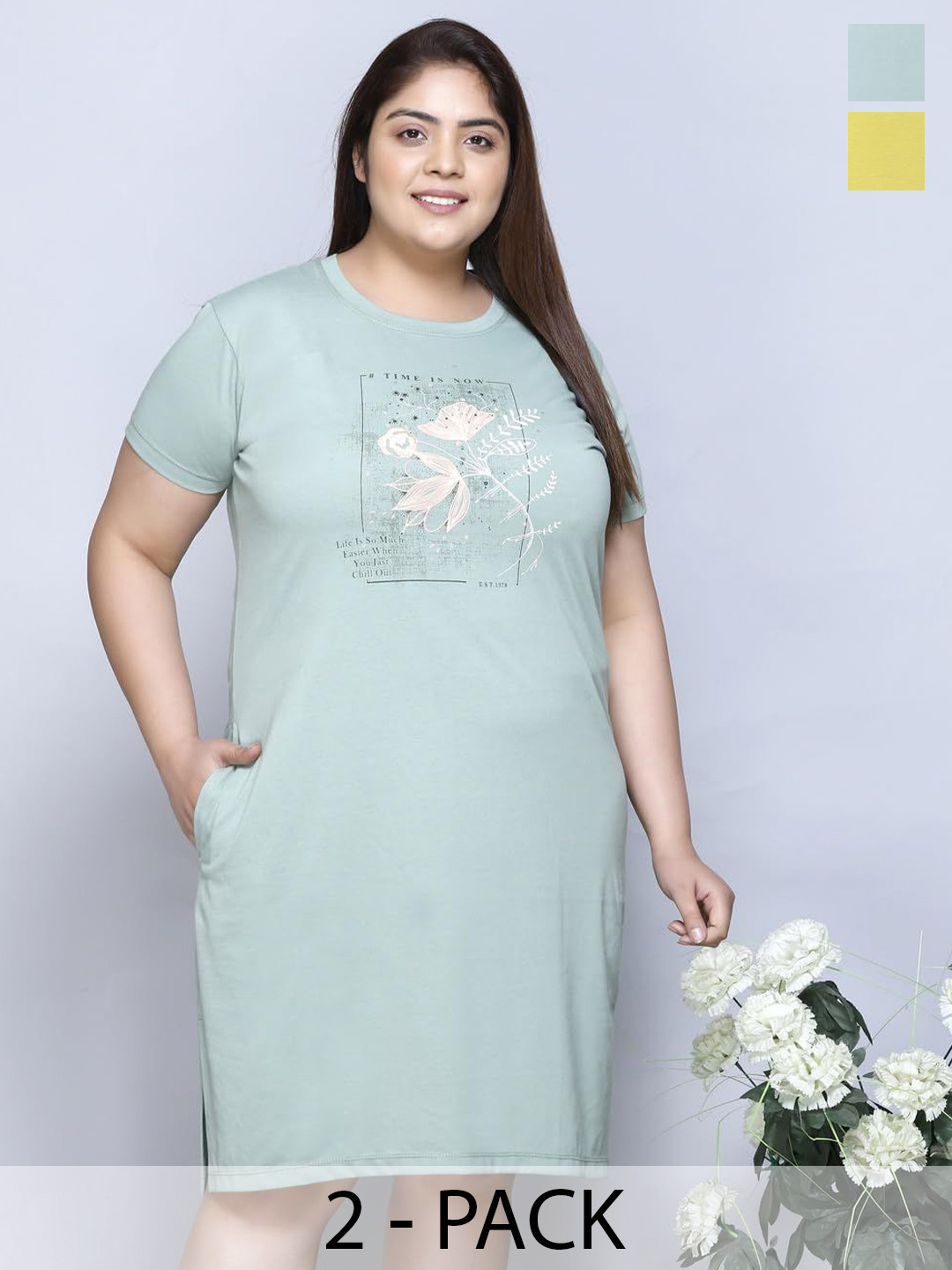 

IN Love Pack of 2 Women Plus Size Front Printed Cotton Nighty Chemise, Green