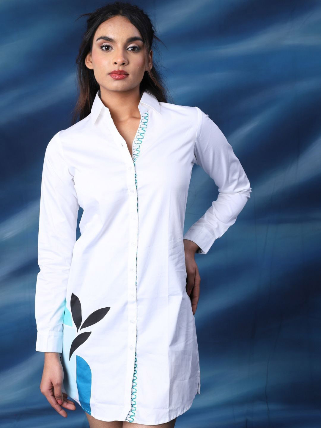 

SEREIN Women Cuffed Sleeves Shirt Dress, White