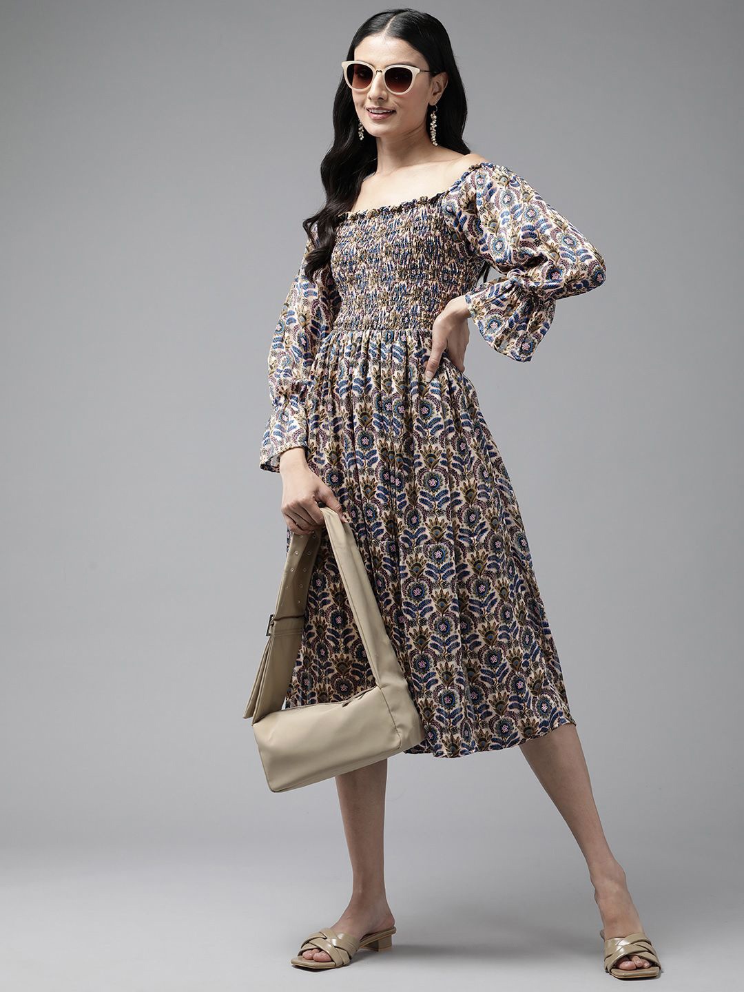 

CORSICA Women Floral Printed Bell Sleeve Smocked Fit and Flare Midi Dress, Beige