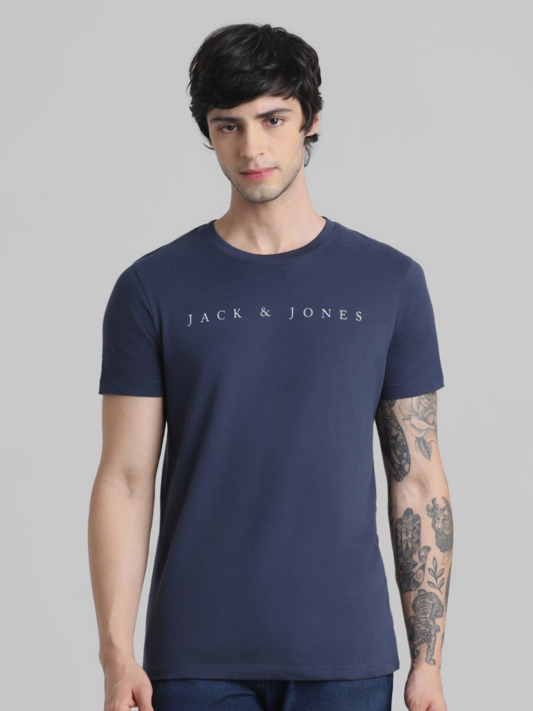 

Jack & Jones Typography Printed Pure Cotton Slim Fit T-shirt, Navy blue