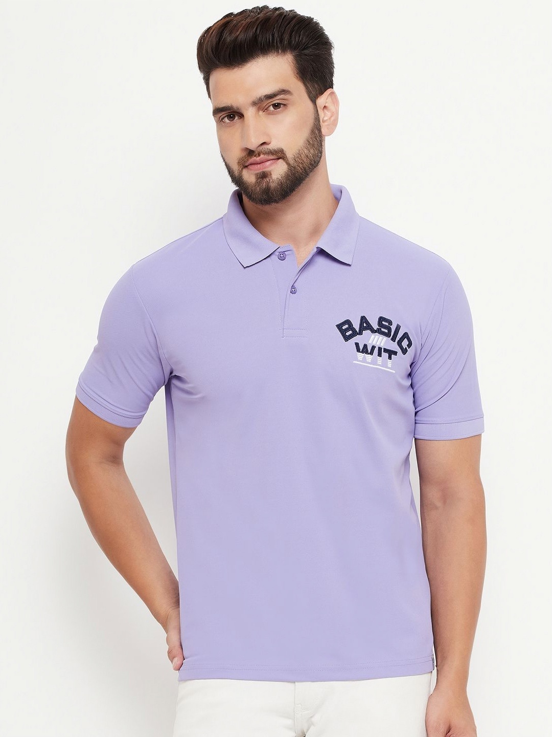 

RENUOVO Men Typography Printed Polo Collar Cotton T-shirt, Lavender