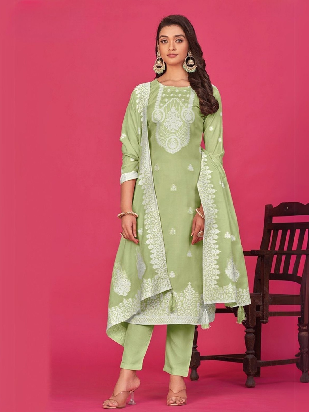 

ODETTE Ethnic Motifs Embroidered Zari Organza Semi-Stitched Dress Material, Green
