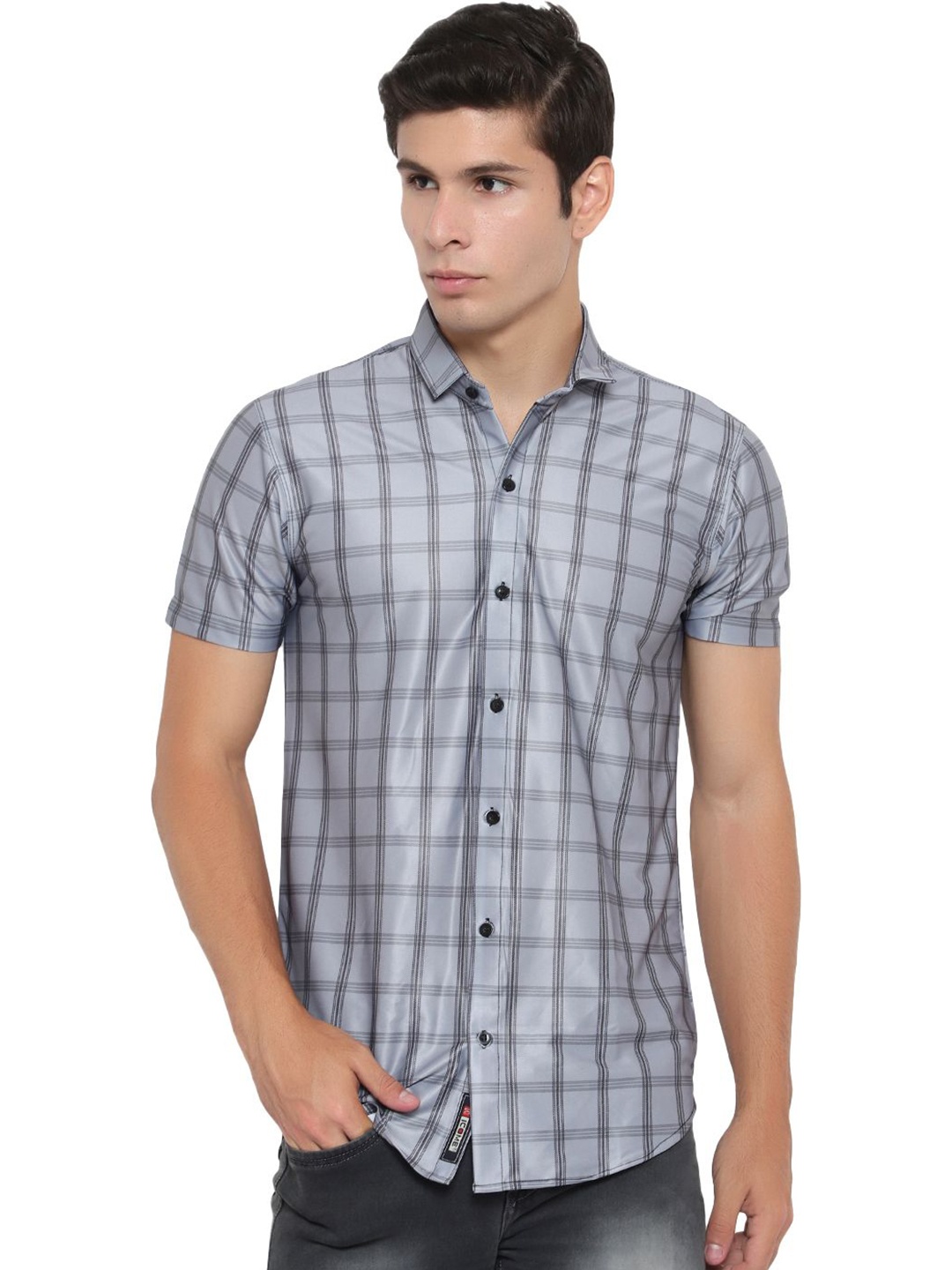 

iCome Men Spread Collar Checked Cotton Linen Casual Shirt, Grey