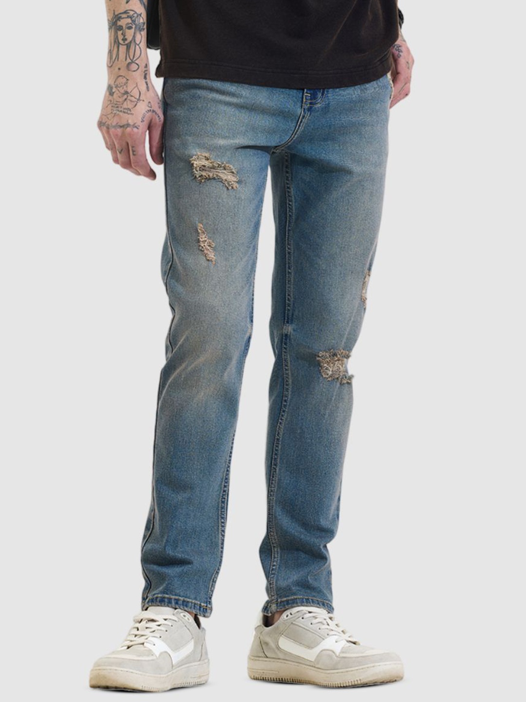 

Snitch Men Mildly Distressed Heavy Fade Stretchable Snitch Blue Slim Fit Jeans
