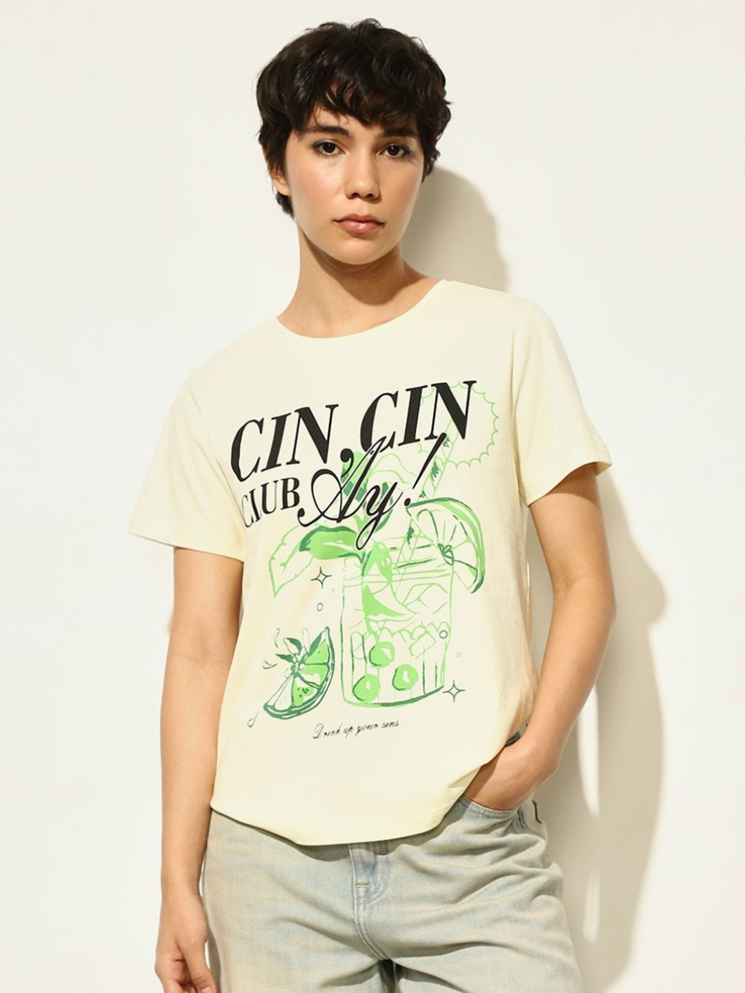 

ONLY Women Graphic Printed Round Neck Cotton T-shirt, Cream