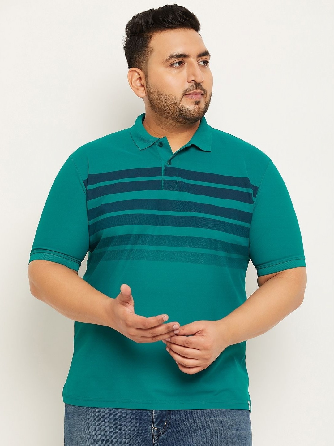 

RENUOVO Men Plus Size Striped Polo Collar Cotton T-shirt, Teal