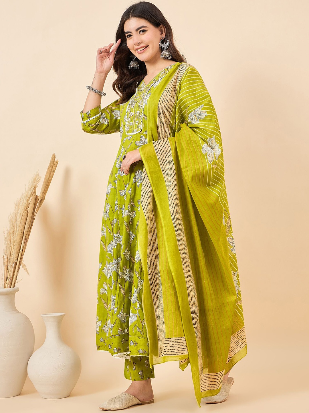 

Anouk Floral Printed V-Neck Sequinned Pure Cotton Kurta with Trousers & With Dupatta, Green