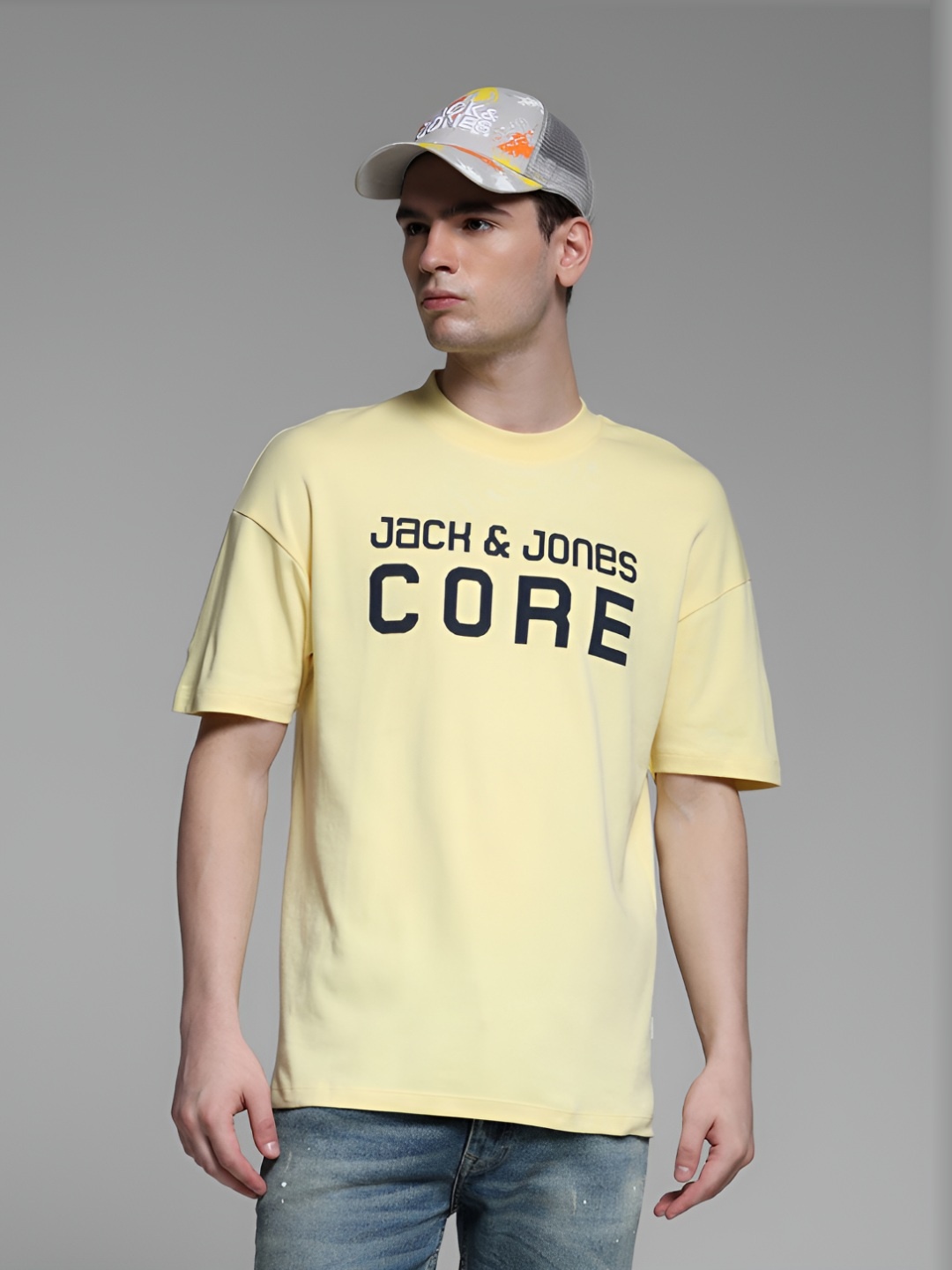 

Jack & Jones Men Typography Printed Round Neck Cotton Oversized T-shirt, Yellow