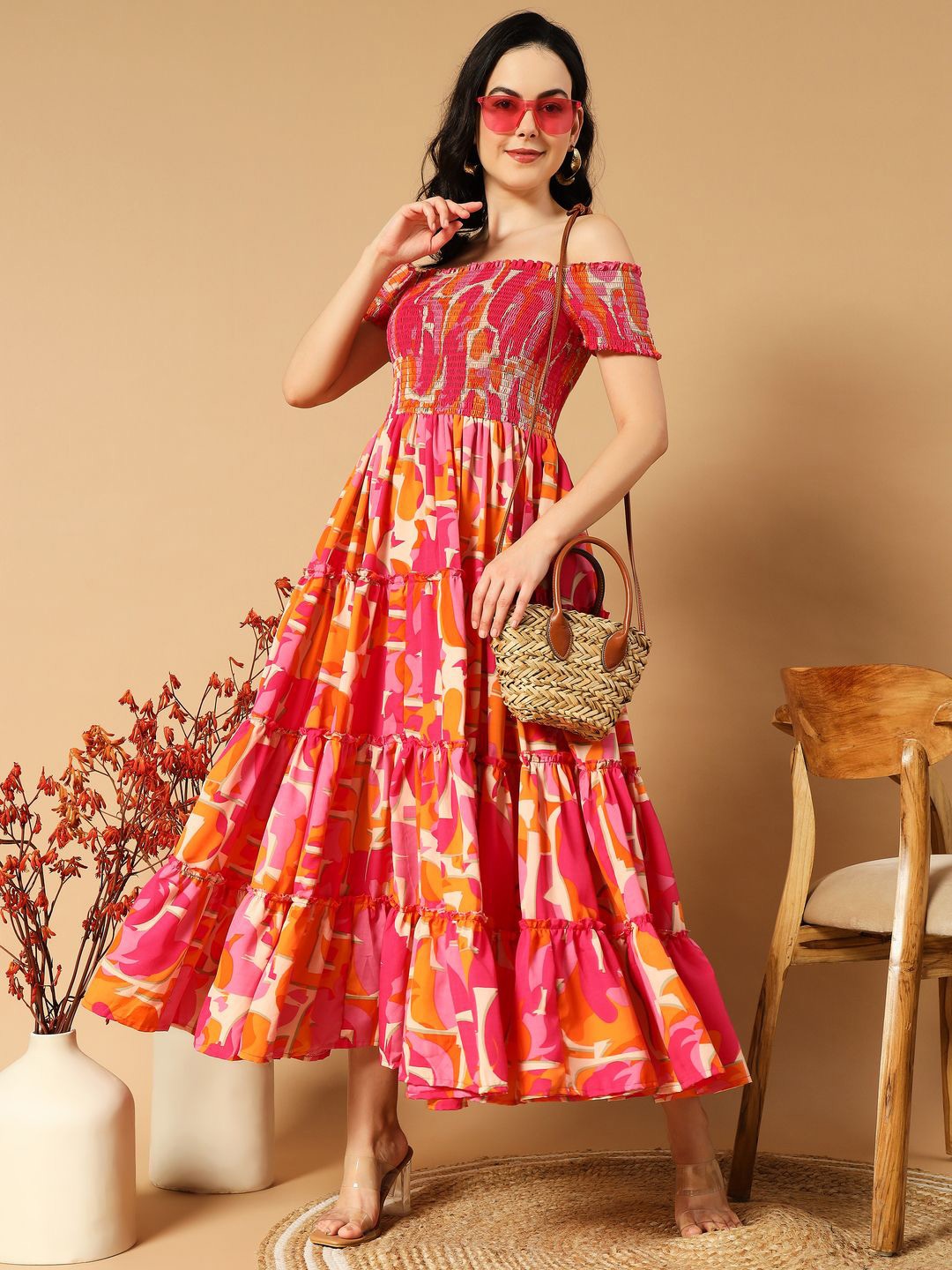 

ZWERLON Floral Print Off-Shoulder Applique Formal A-Line Midi Dress, Orange