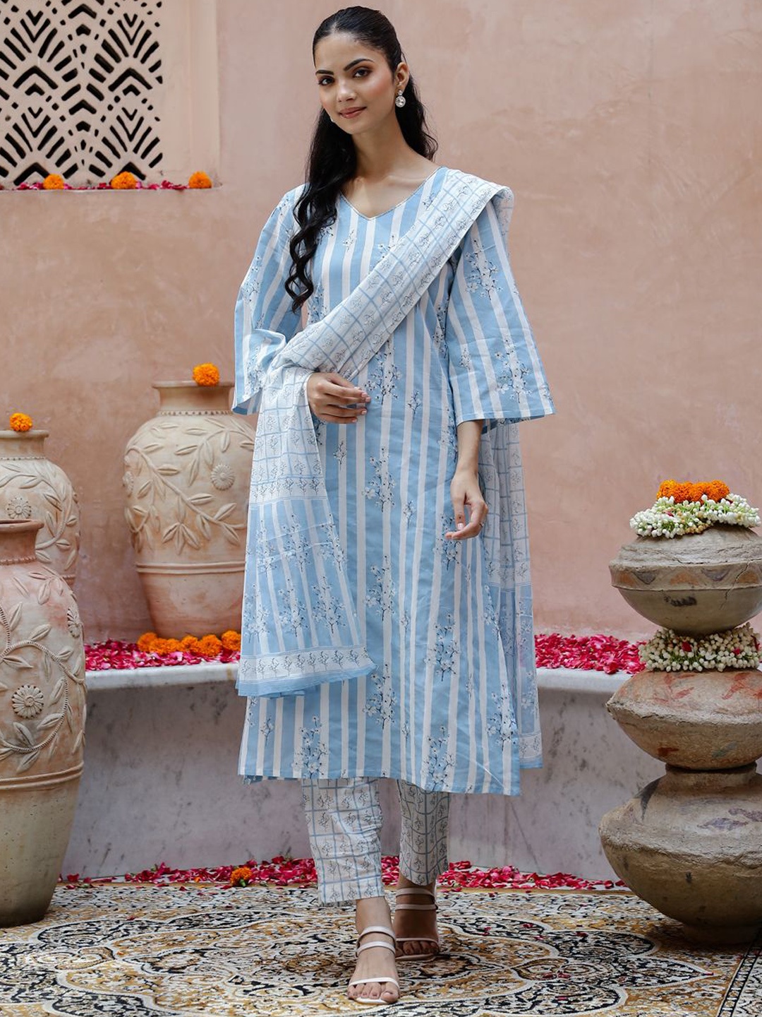 

Sangria Blue Floral Printed Flared Sleeves Pure Cotton Kurta With Trousers And Dupatta