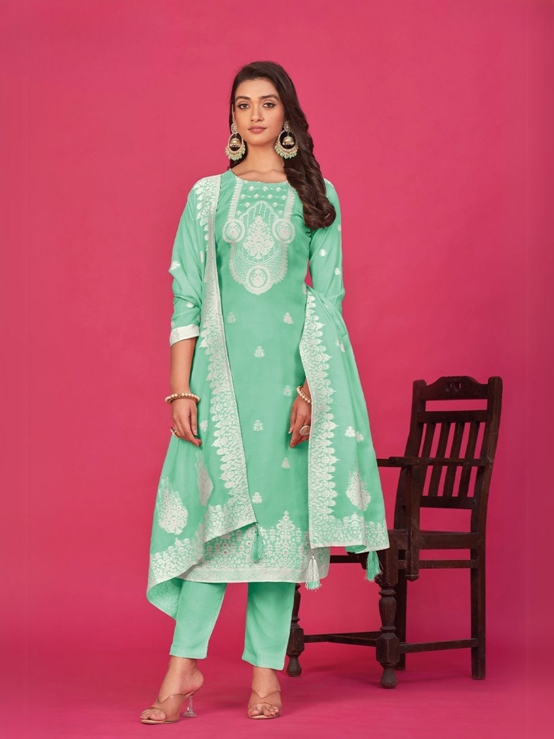 

ODETTE Floral Embroidered Organza Semi-Stitched Dress Material, Green