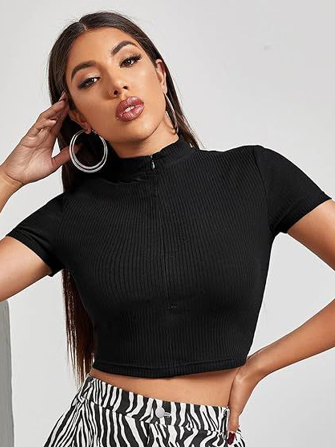 

classy fashion Women High Neck Crop Top, Black