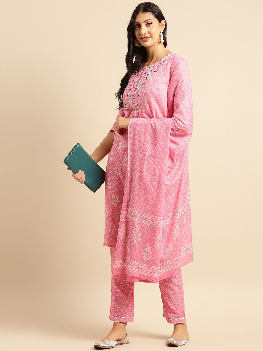 

Sangria Floral Printed Gotta Patti Pure Cotton Kurta & Trousers With Dupatta, Pink