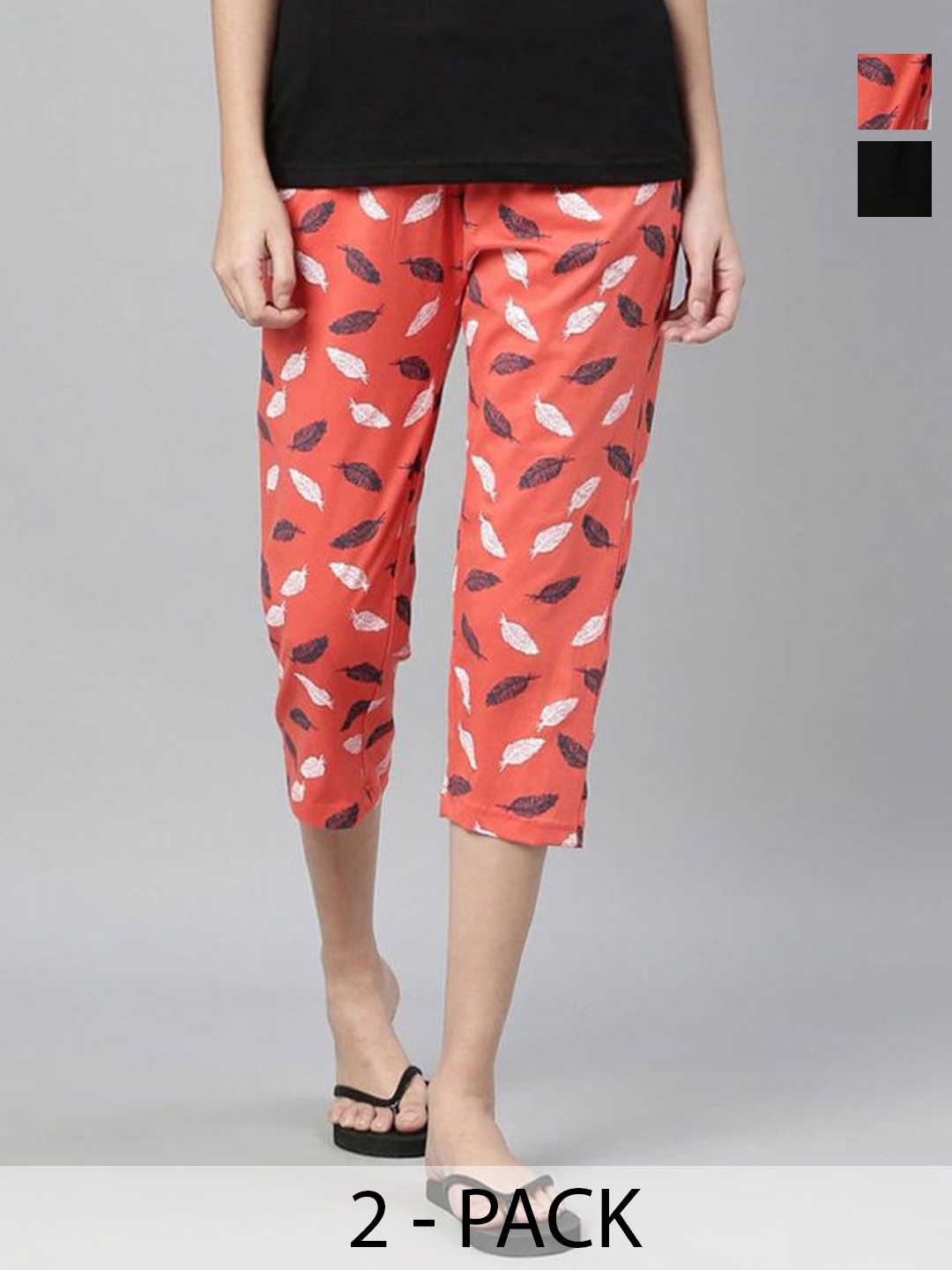 

Kryptic Women Pack of 2 Printed Regular Fit Mid-Rise Cotton Capris, Orange