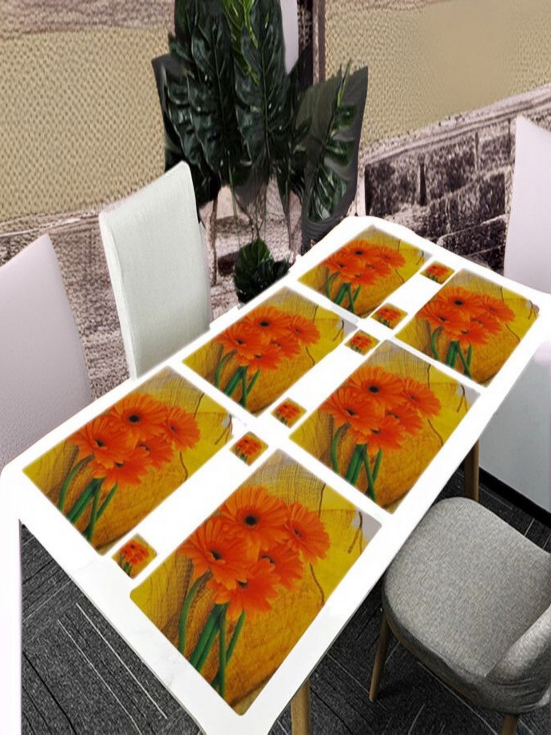 

REVEXO Yellow & Orange 12 Pieces Floral Printed Table Placemats & Coasters