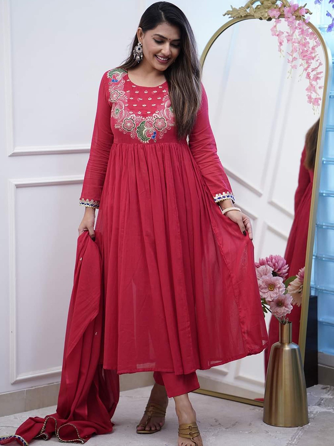 

Divyadham Textiles Floral Yoke Design Round Neck Anarkali Kurta With Trouser & Dupatta, Red