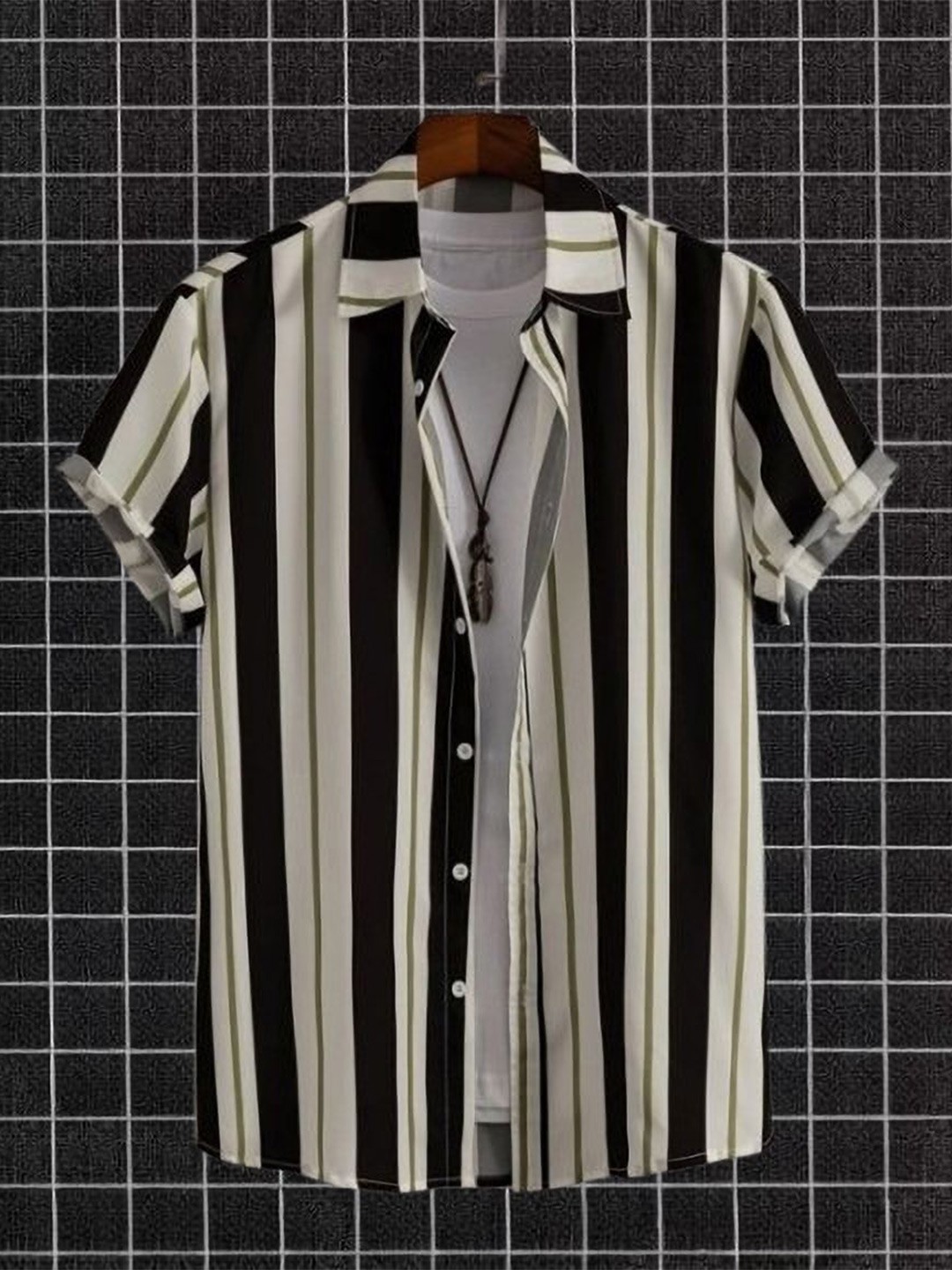 

iCome Men Spread Collar Vertical Striped Cotton Linen Casual Shirt, White
