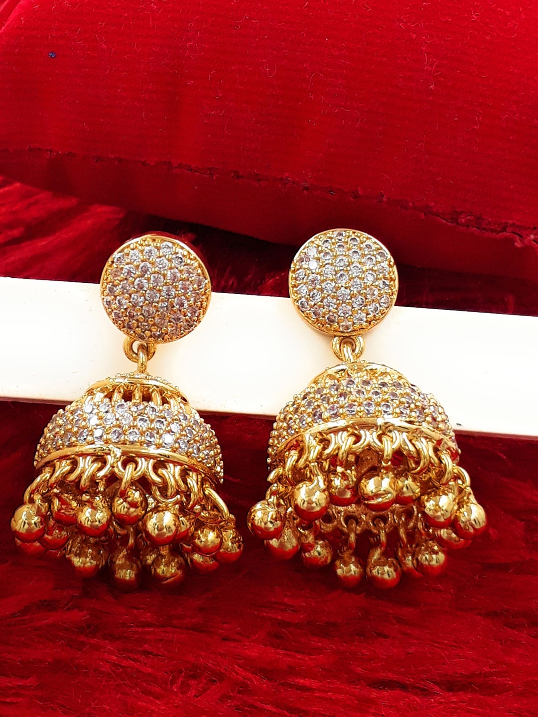 

Anujeet Fashion Hub Gold-Plated American Diamond Studded & Beaded Dome Shaped Jhumkas, White
