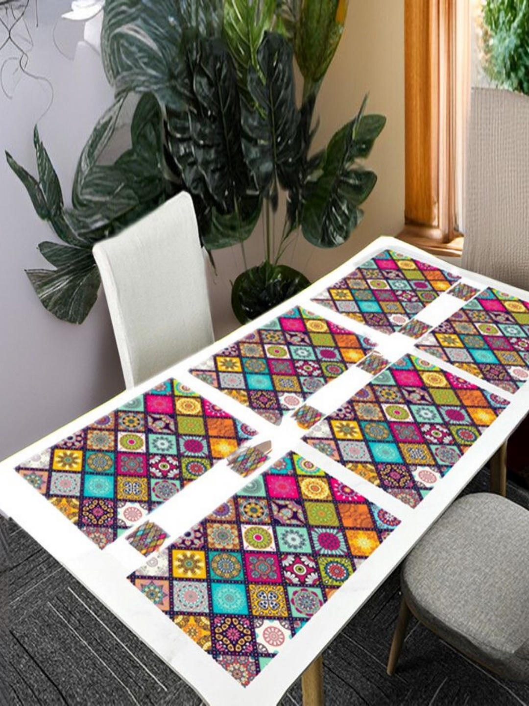 

REVEXO Pink & Yellow 12 Pcs Printed Rectangular Shaped Coasters & Table Placemats