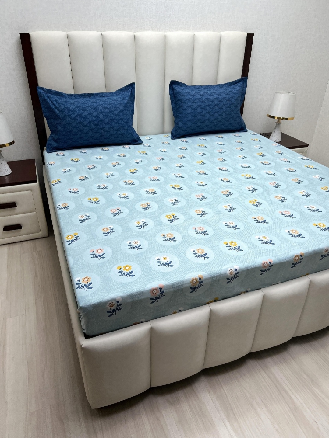 

Pure Decor Blue & Mustard Floral 250 TC Microfiber King Bedsheet Set- 2.74 m x 2.74 m