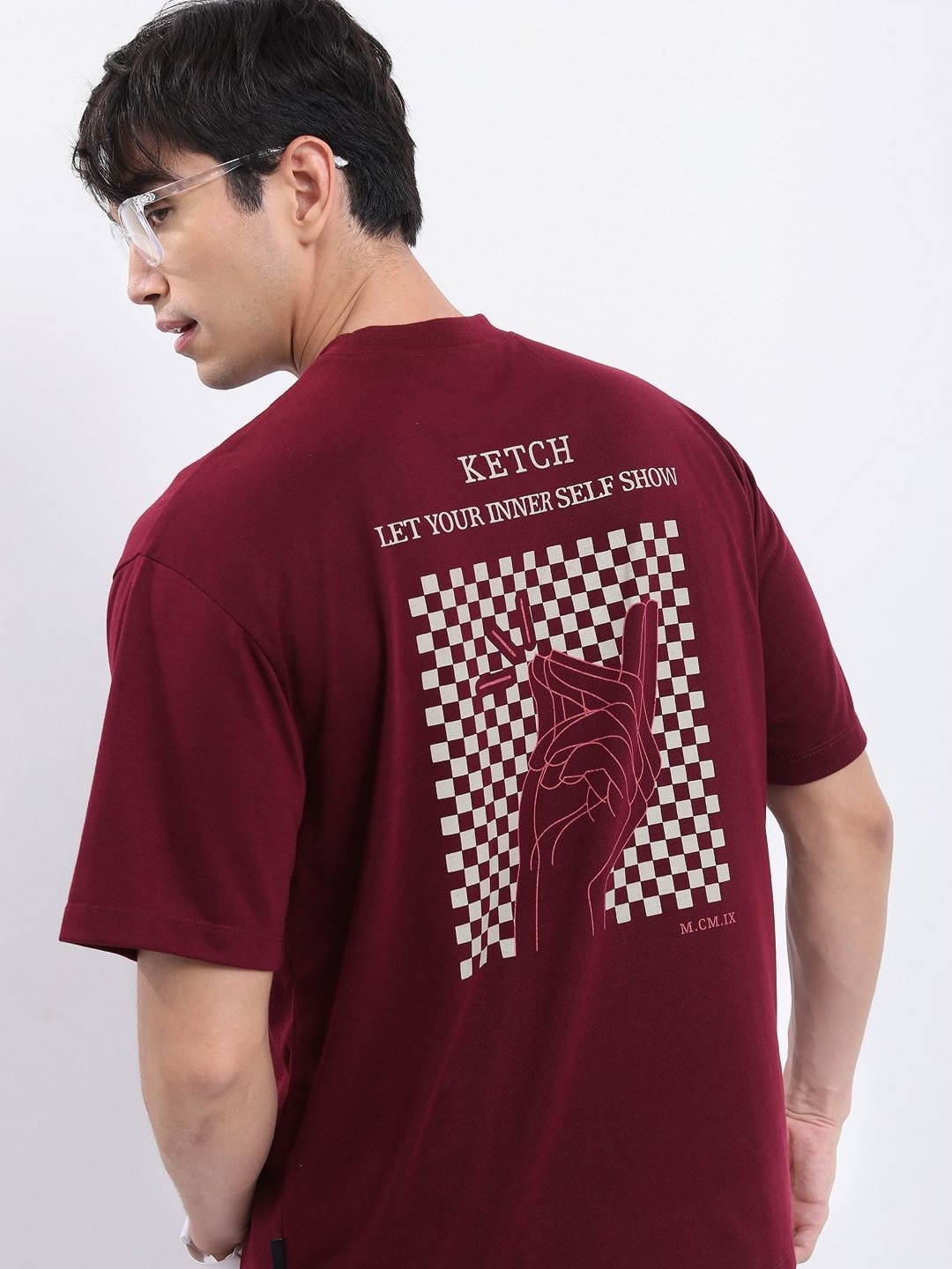 

KETCH Men Graphic Printed Round Neck Oversized T-shirt, Maroon