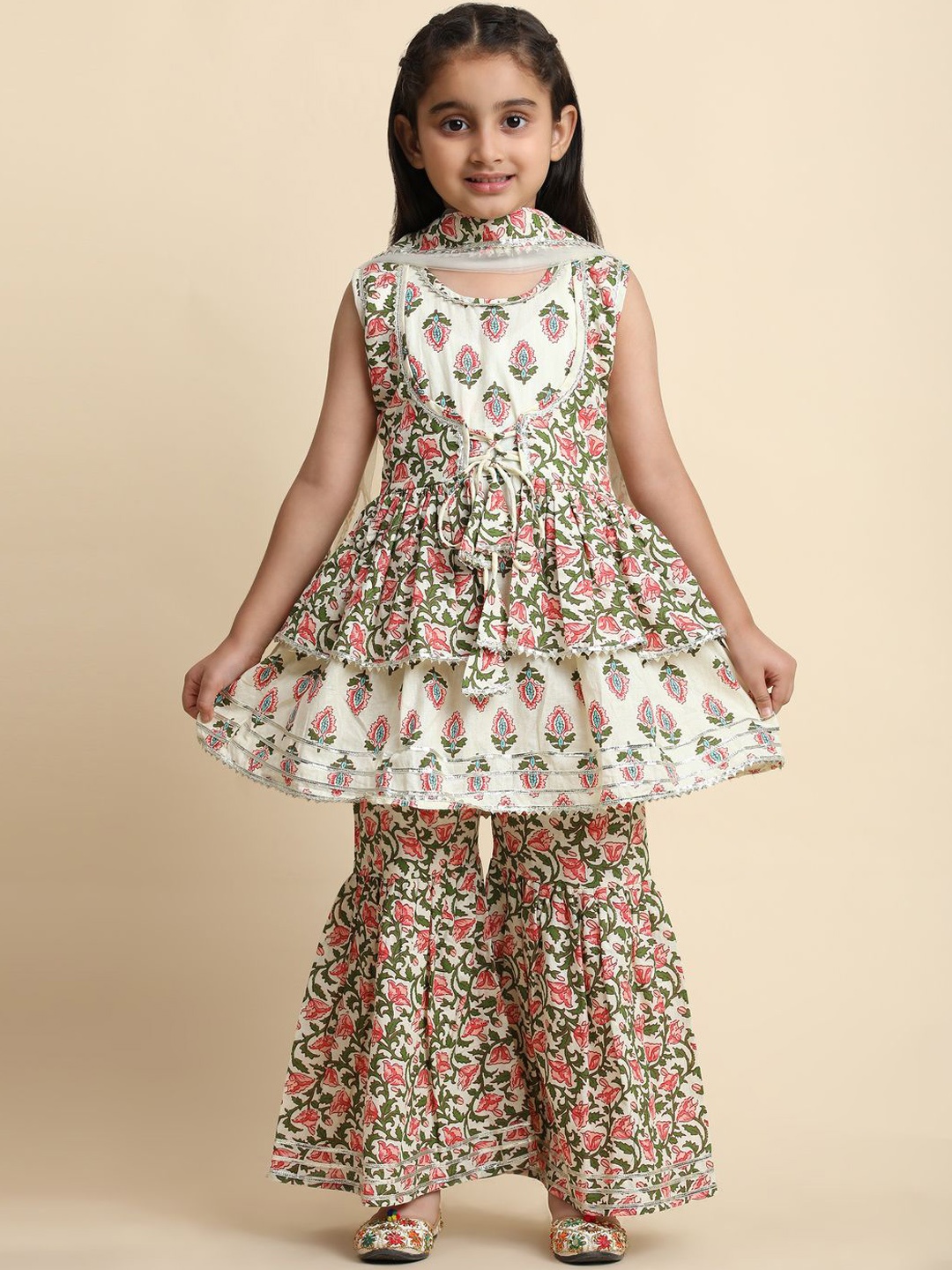 

BAESD Girls Ethnic Motifs Printed Round Neck Pure Cotton Kurta With Sharara, Cream
