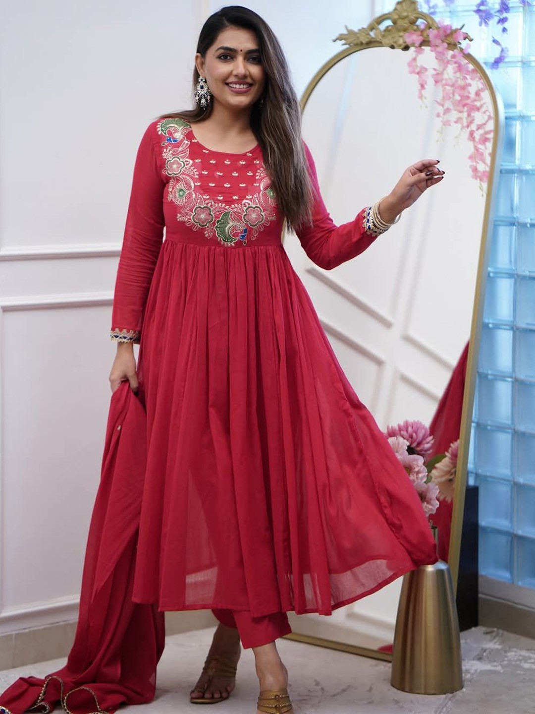 

Siya Fashion Floral Embroidered Sequinned Pleated A Line Kurta With Trousers & Dupatta, Red