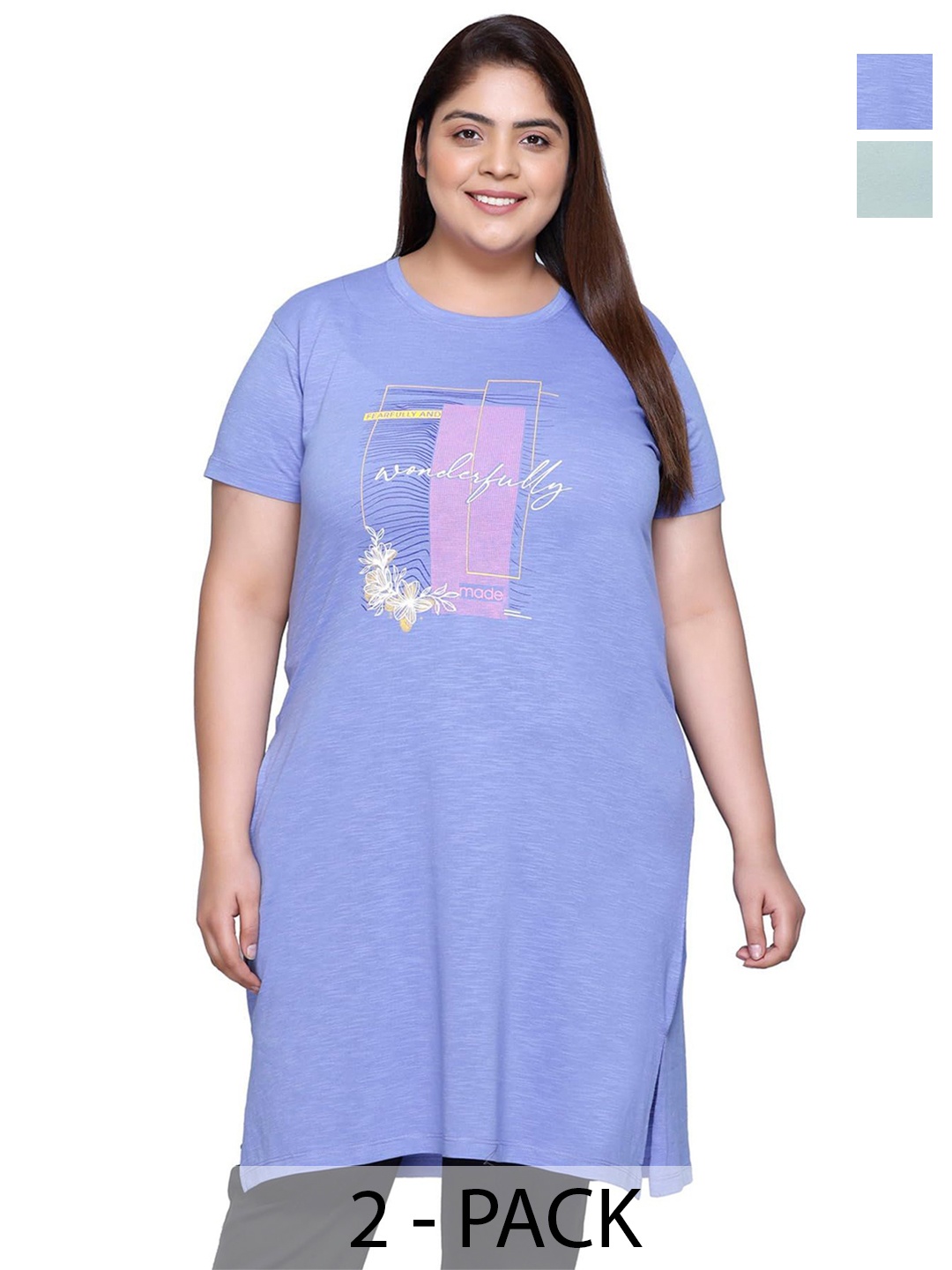

IN Love Pack of 2 Women Plus Size Front Printed Cotton Nighty Chemise, Blue
