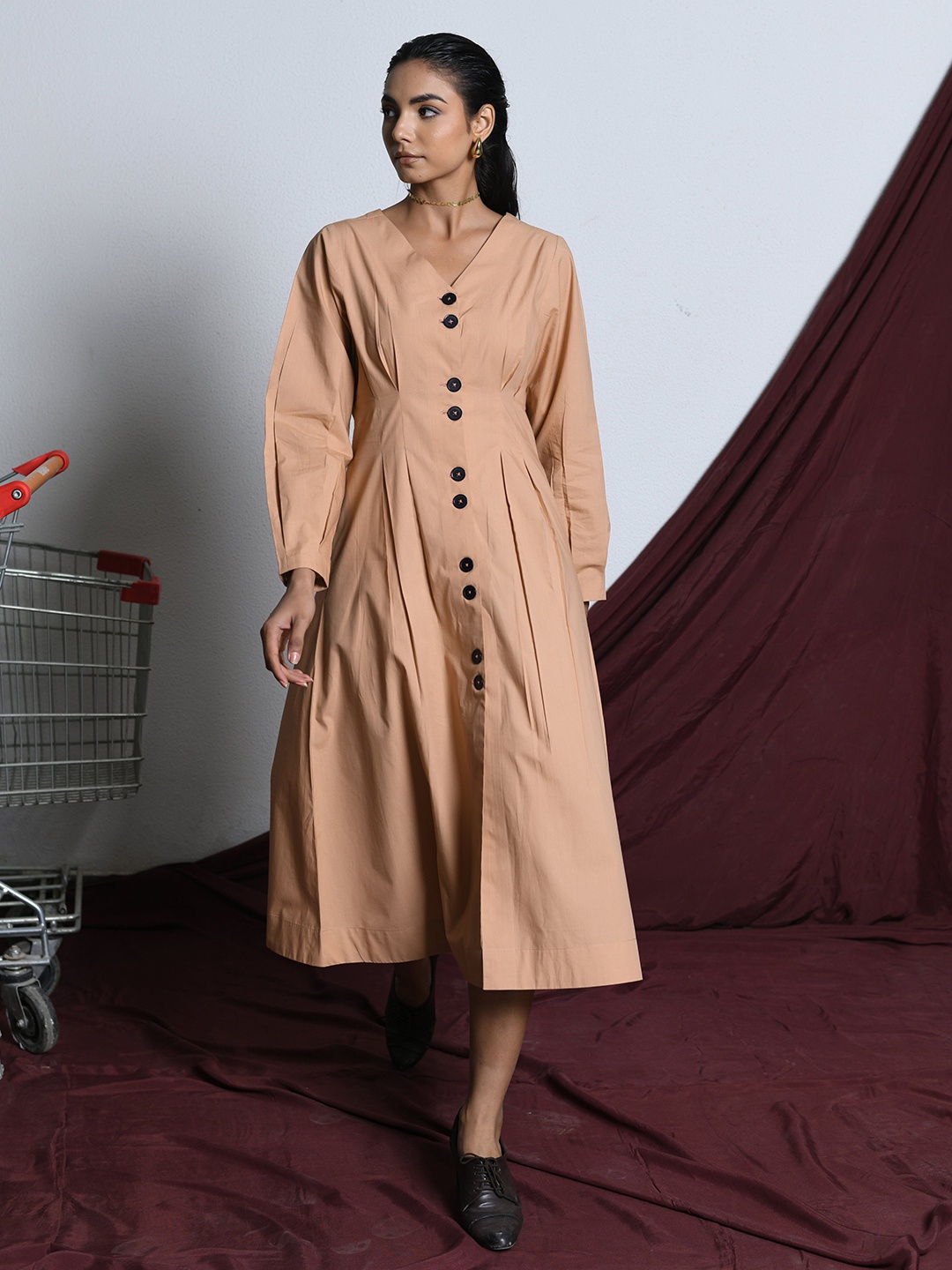 

PINK CACTII Women Formal Fit & Flare Midi Dress, Beige