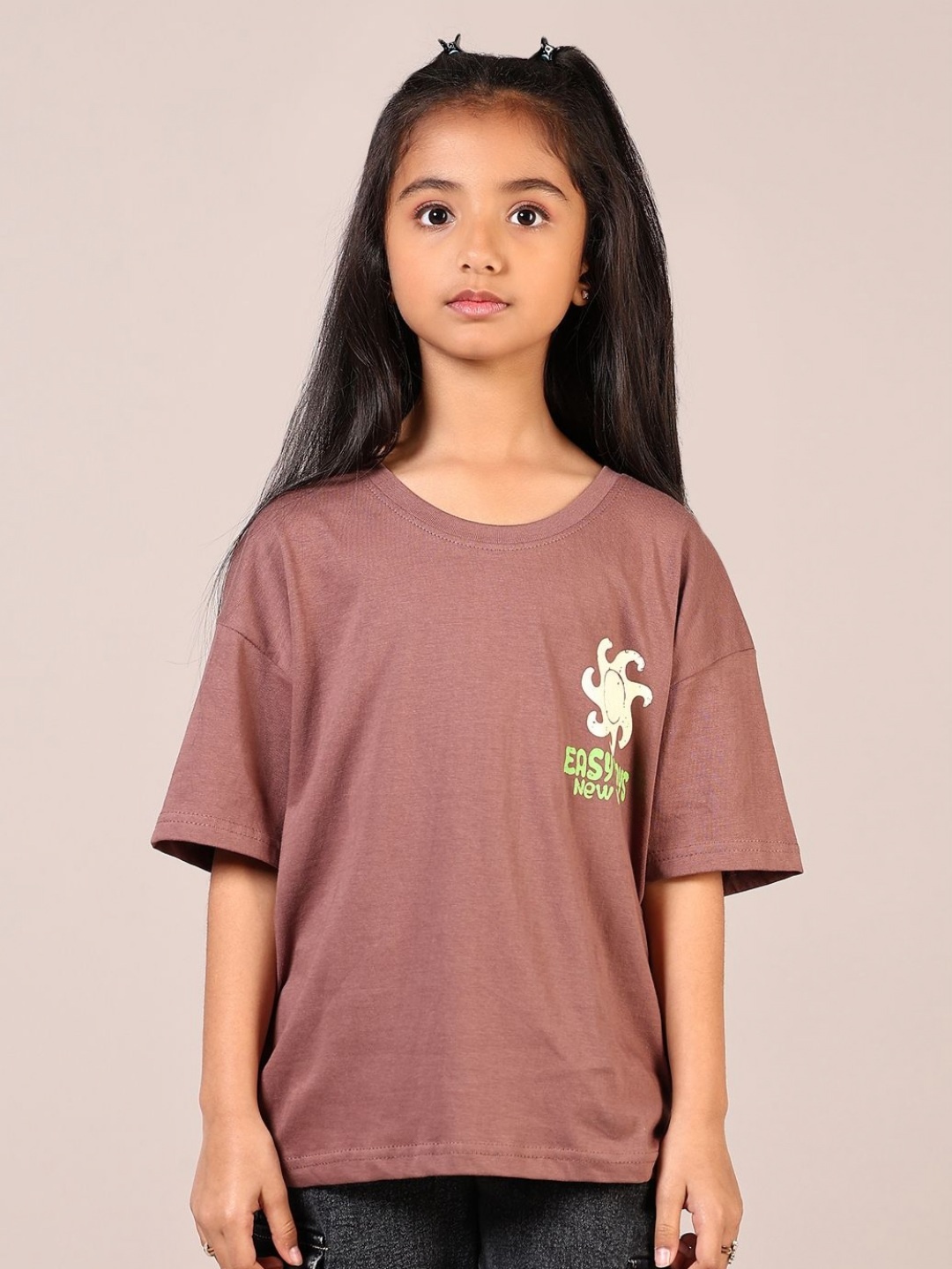 

V-Mart Girls Graphic Printed Round Neck Cotton T-shirt, Brown
