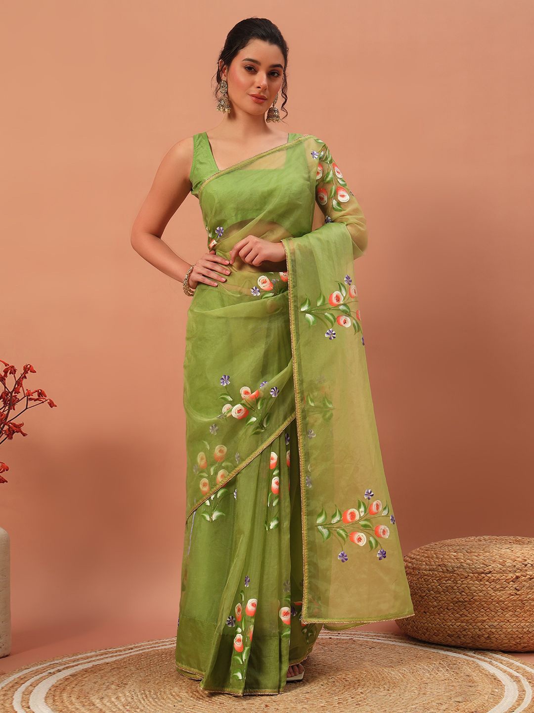 

Meeranshi Floral Beads and Stones Organza Saree, Green