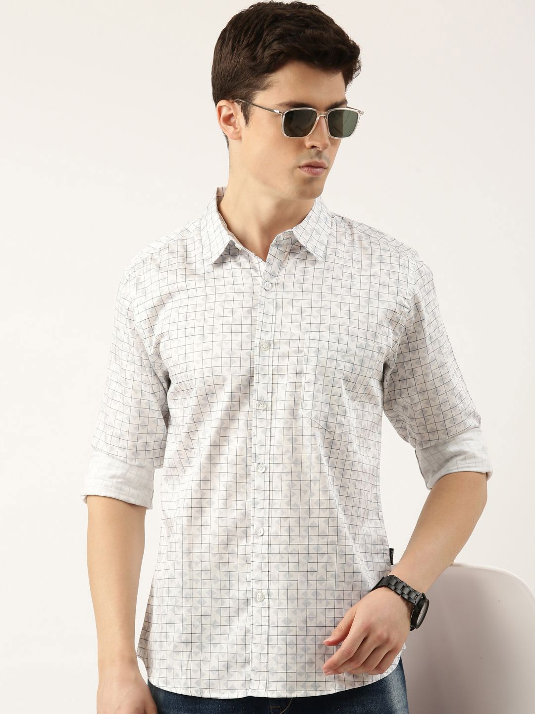 

Provogue Men Spread Collar Geometric Printed Cotton Casual Shirt, White